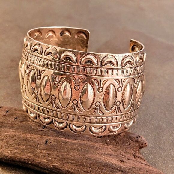 Marcella James Sterling Silver Navajo Stamped Wide Cuff Bracelet - Picture 10 of 13